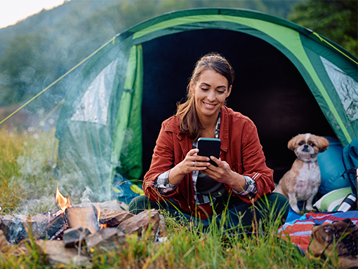 Remote Deposit Capture from NCCYou Young lady with dog in tent camping while on mobile phone.